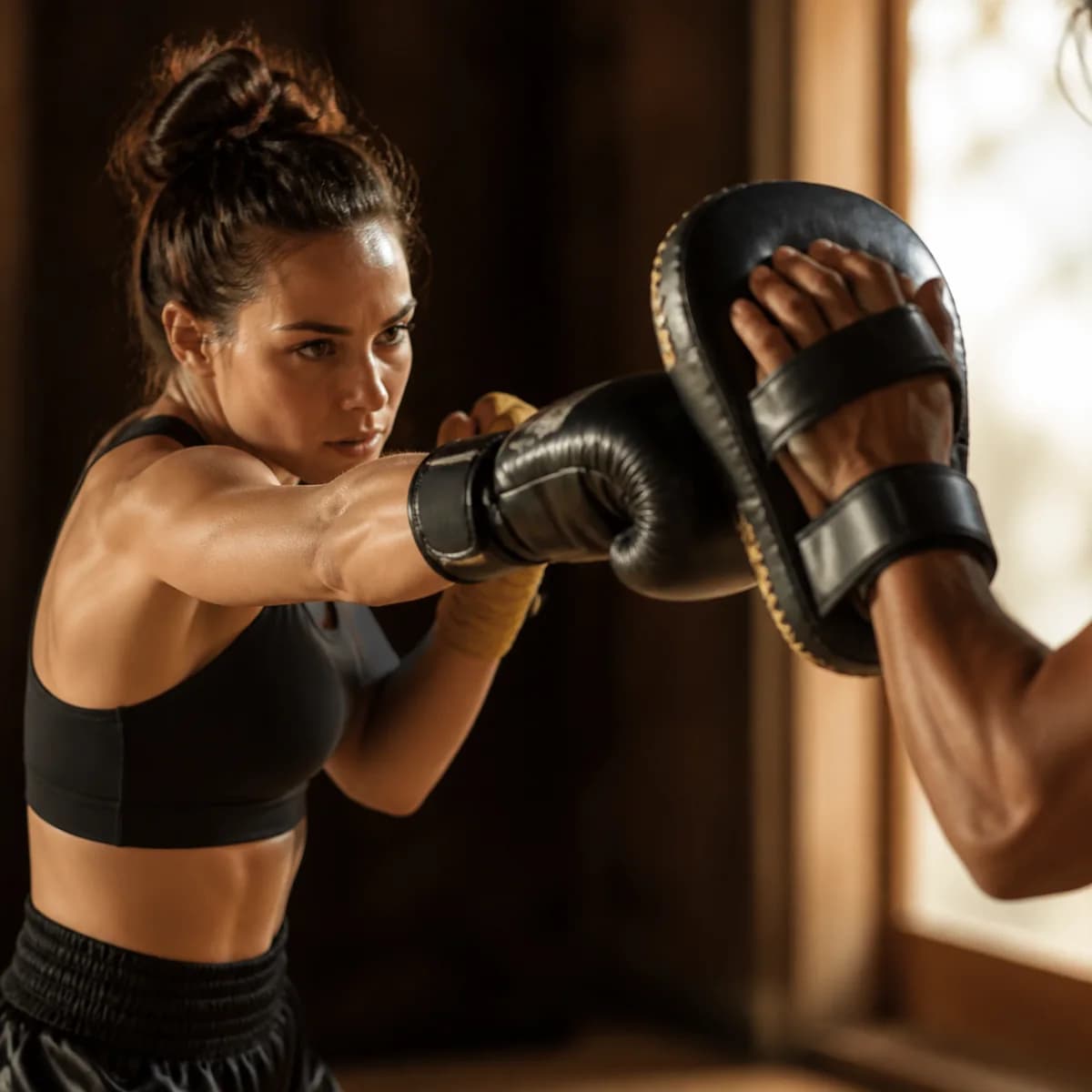 Eğitmenin lapasına düz yumruk atan Muay Thai sporcusu